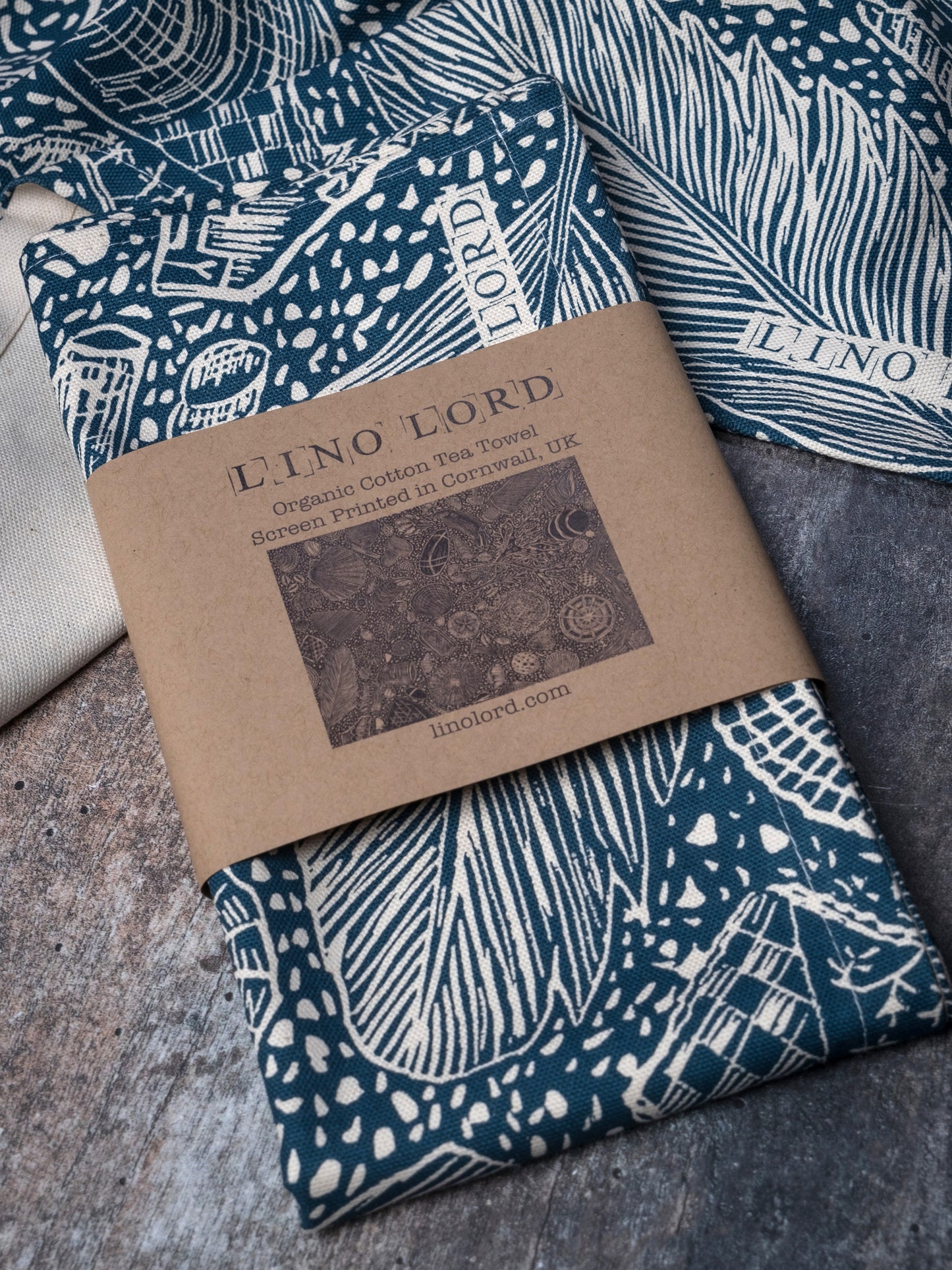 Organic Cotton Tea Towel with Hidden Beach Finds Lino Print