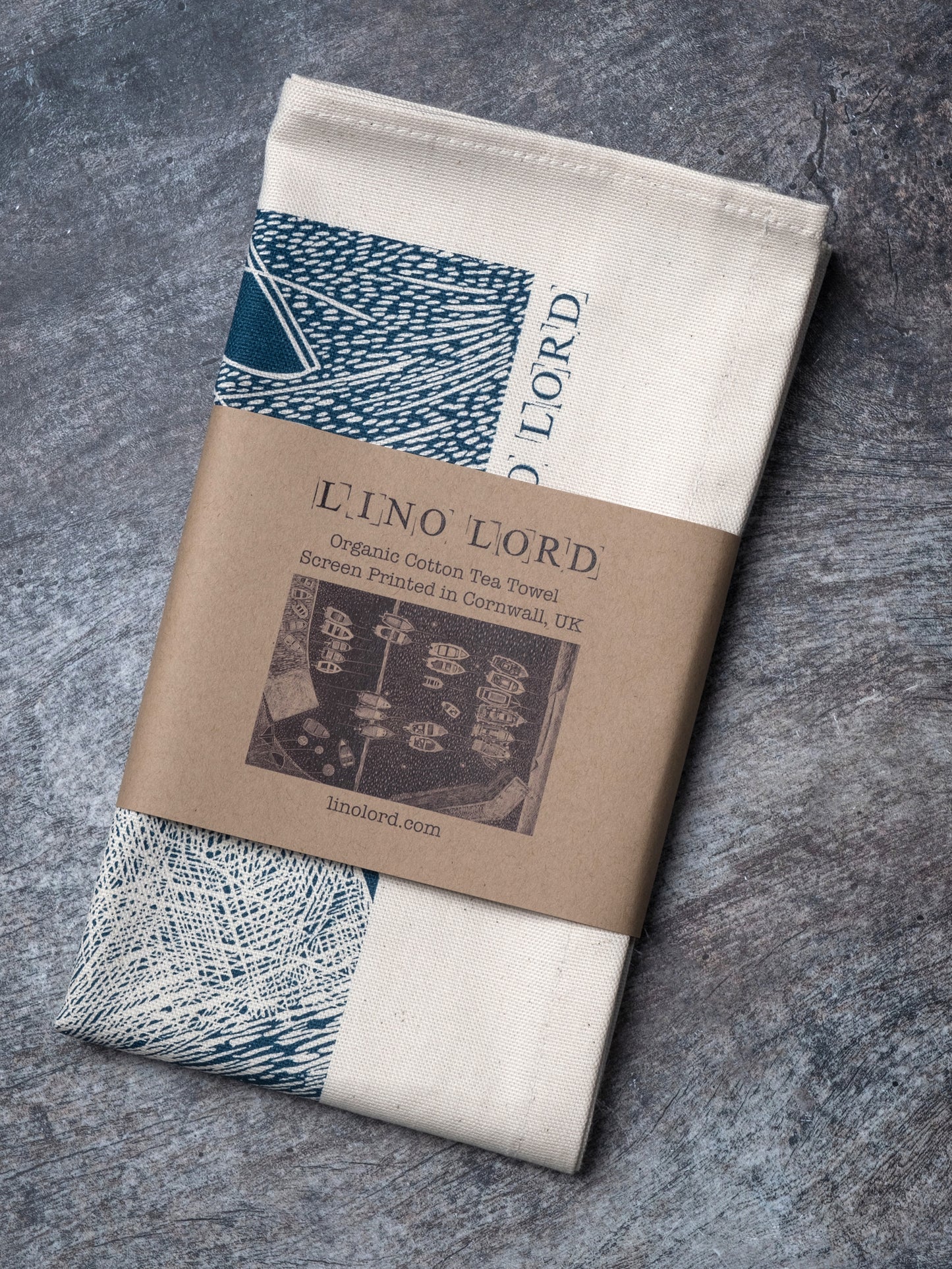 Organic Cotton Tea Towel with End of the Day Portscatho Lino Print