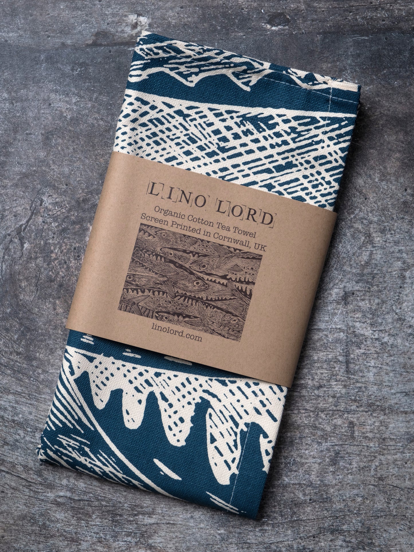 Organic Cotton Tea Towel with Heads or Tails Lino Print