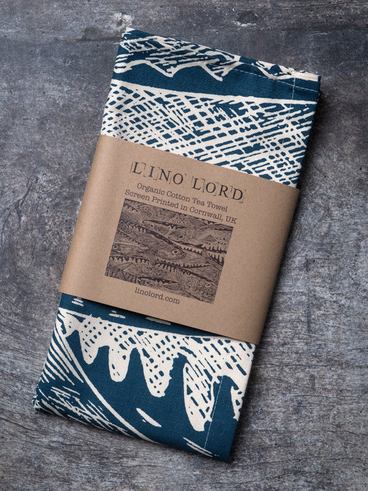 Organic Cotton Tea Towel with Heads or Tails Lino Print