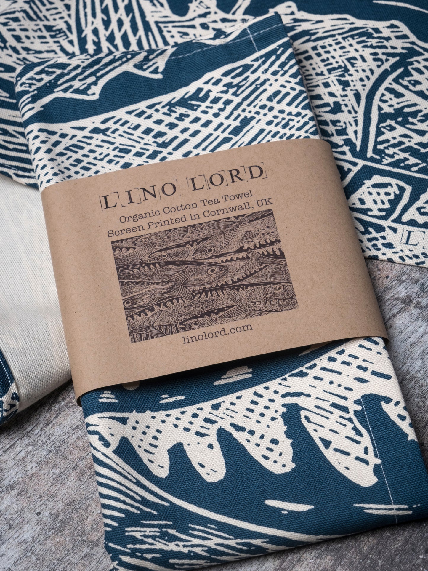 Organic Cotton Tea Towel with Heads or Tails Lino Print