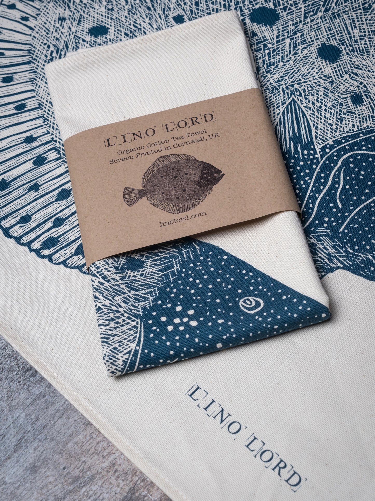 Organic Cotton Tea Towel with Turbot Lino Print