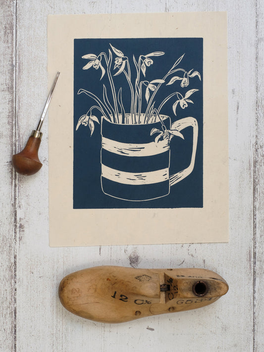 Snowdrops in Cornishware Lino Print