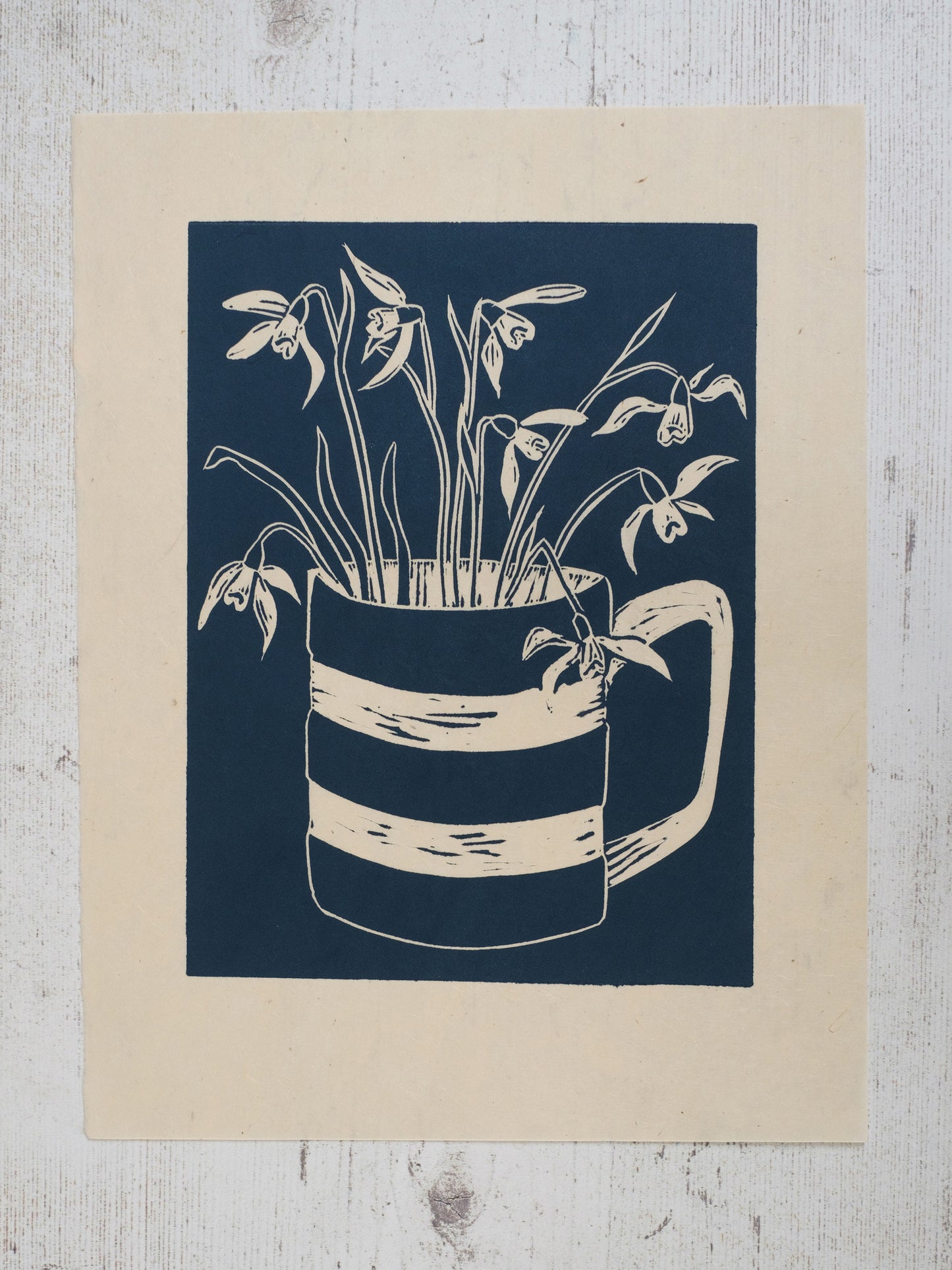 Snowdrops in Cornishware Lino Print