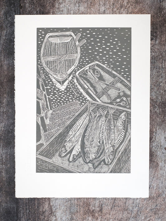 Fresh Mackerel on Quayside, French Grey, Falmouth Cornwall Lino Print