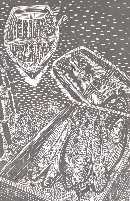 Fresh Mackerel on Quayside, French Grey, Falmouth Cornwall Lino Print