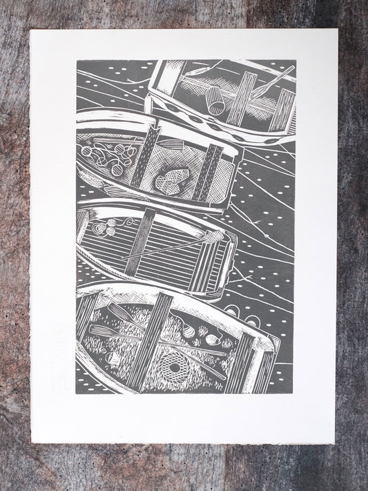 Four Rowing Boats From Above, French Grey, St Ives, Cornwall Lino Print