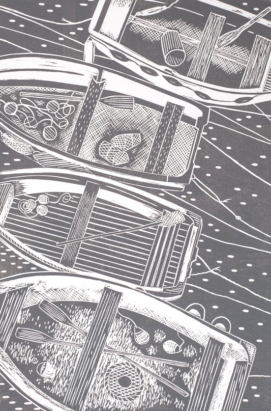 Four Rowing Boats From Above, French Grey, St Ives, Cornwall Lino Print