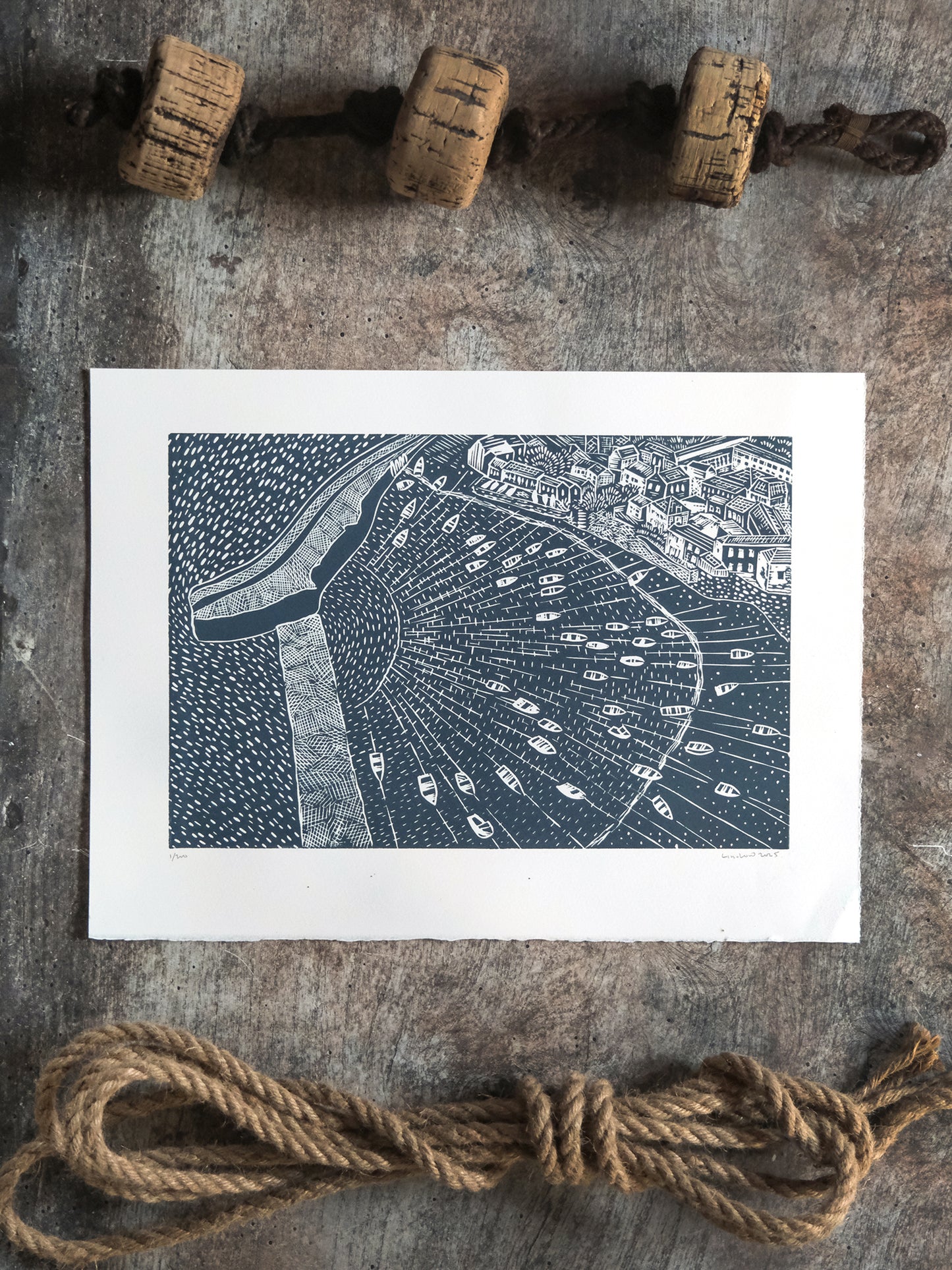 Moorings, Mousehole Harbour Limited Edition Lino Print