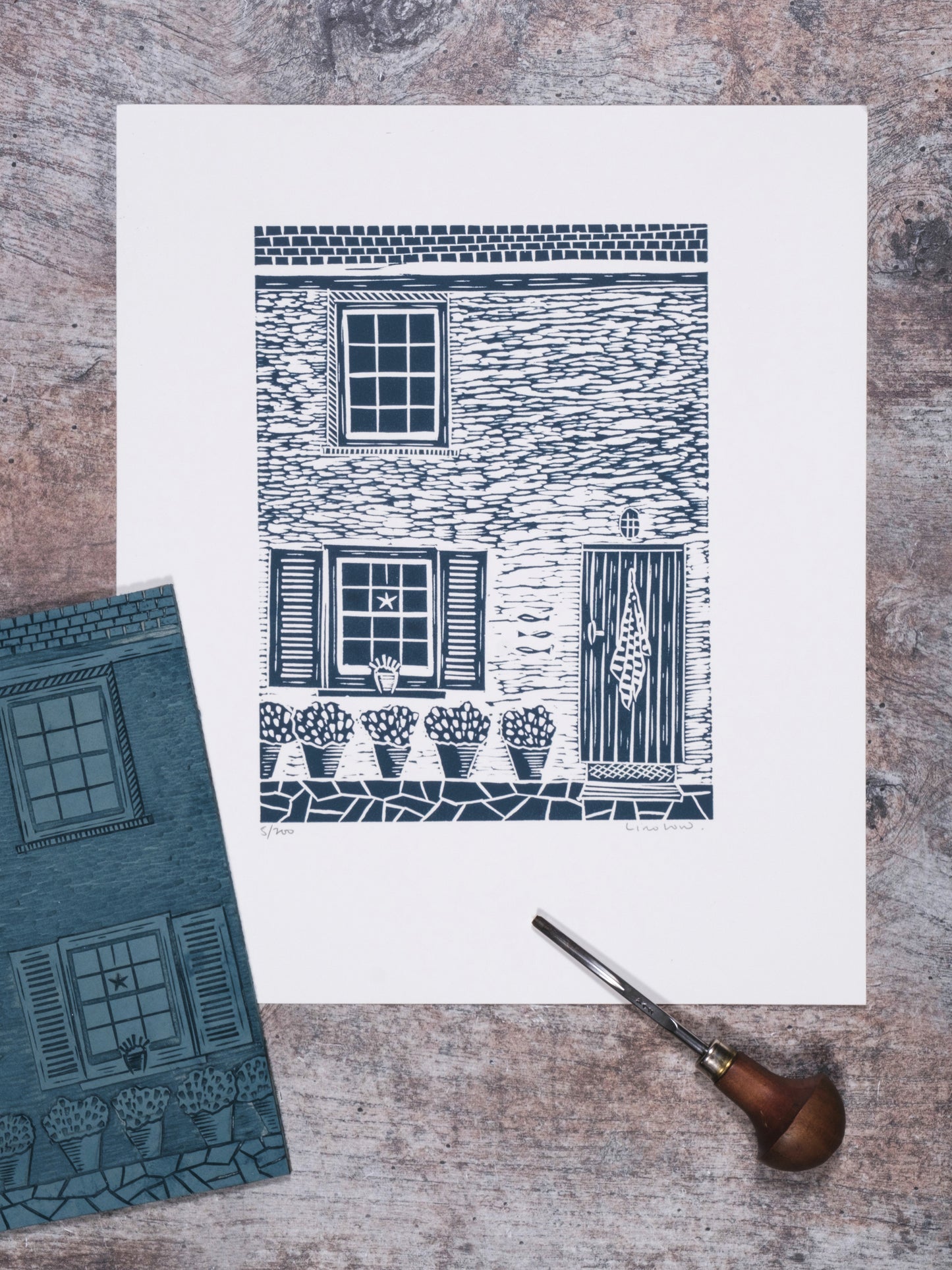 Pilchards Cottage, St Mawes Limited Edition Lino Print