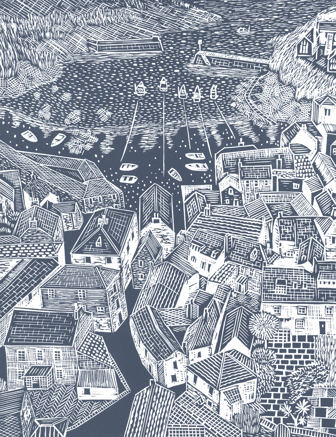 Organic Cotton Tea Towel with Rooftops, Port Isaac Lino Print