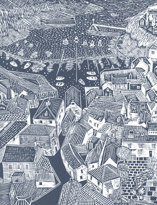 Organic Cotton Tea Towel with Rooftops, Port Isaac Lino Print