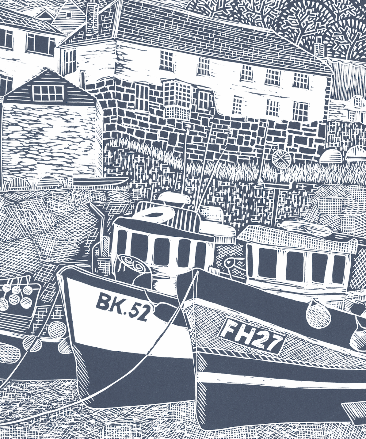 Organic Cotton Tea Towel with Fishing Boats, Coverack Lino Print