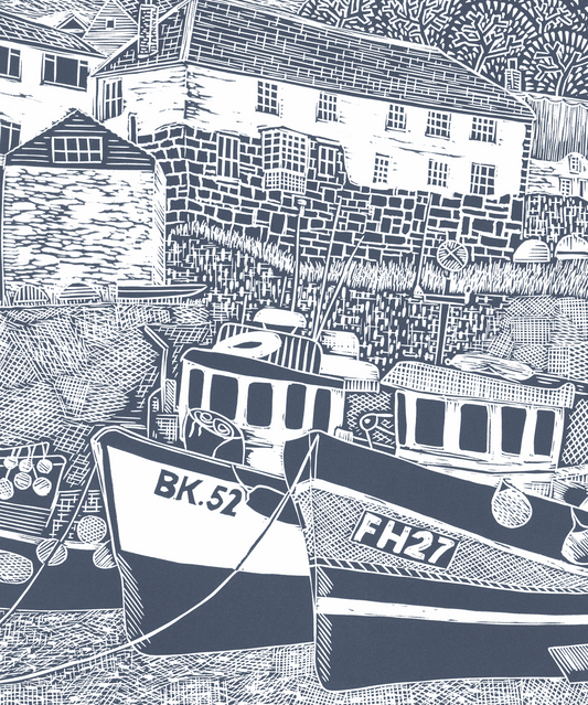 Organic Cotton Tea Towel with Fishing Boats, Coverack Lino Print