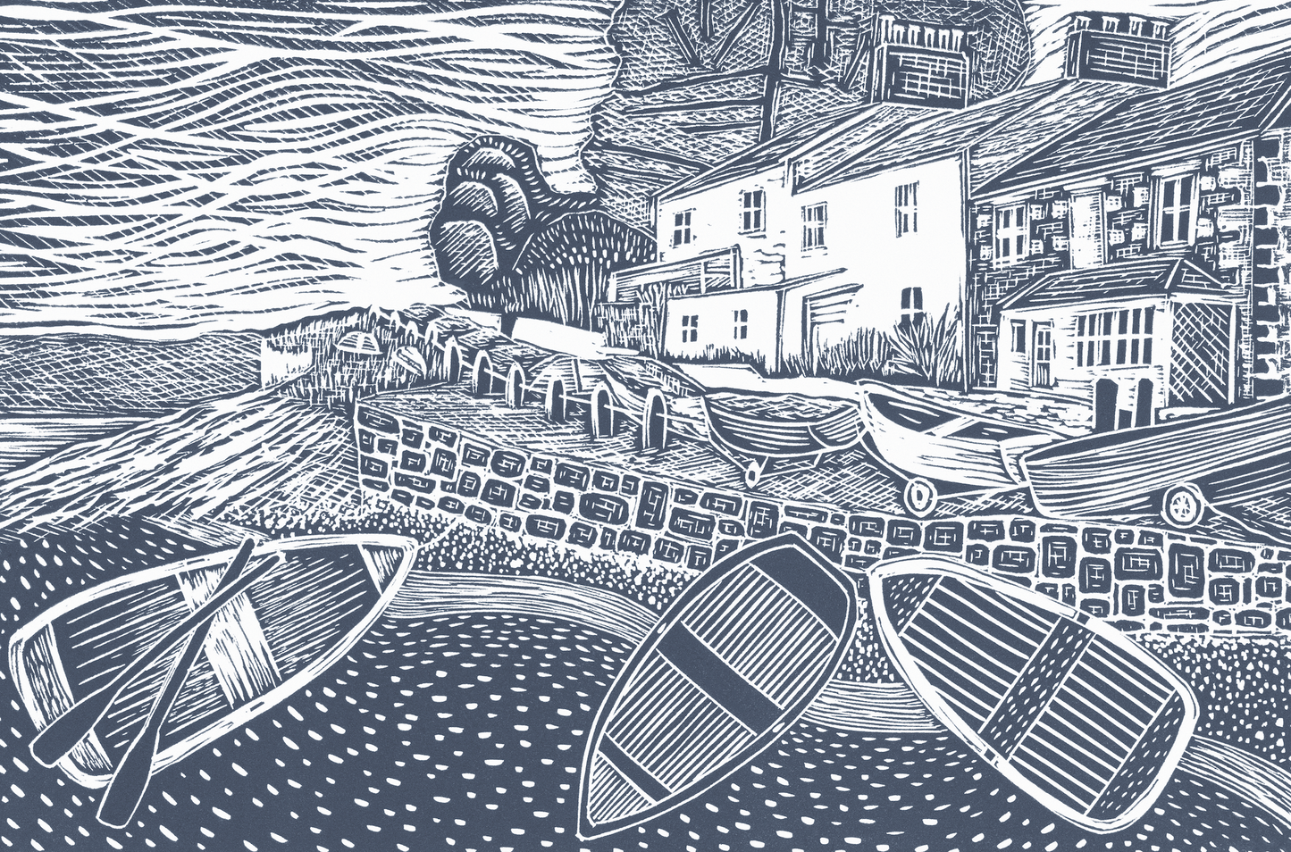 Organic Cotton Tea Towel with Spring Time, Helford Passage Lino Print