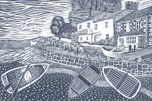 Organic Cotton Tea Towel with Spring Time, Helford Passage Lino Print