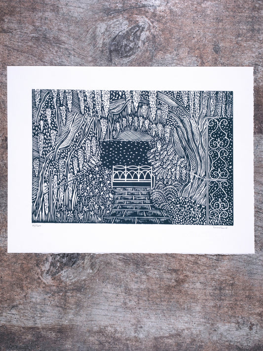 Wisteria Tunnel, Waterperry Gardens, Oxfordshire Lino Print