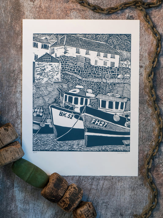 Fishing Boats, Coverack Harbour Limited Edition Lino Print