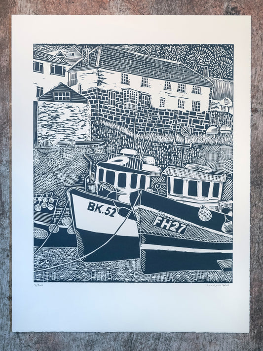Fishing Boats, Coverack Harbour Limited Edition Lino Print