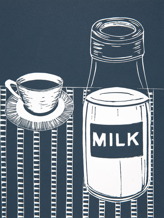 Old Fashioned Milk Bottle, Teacup and Saucer Lino Print
