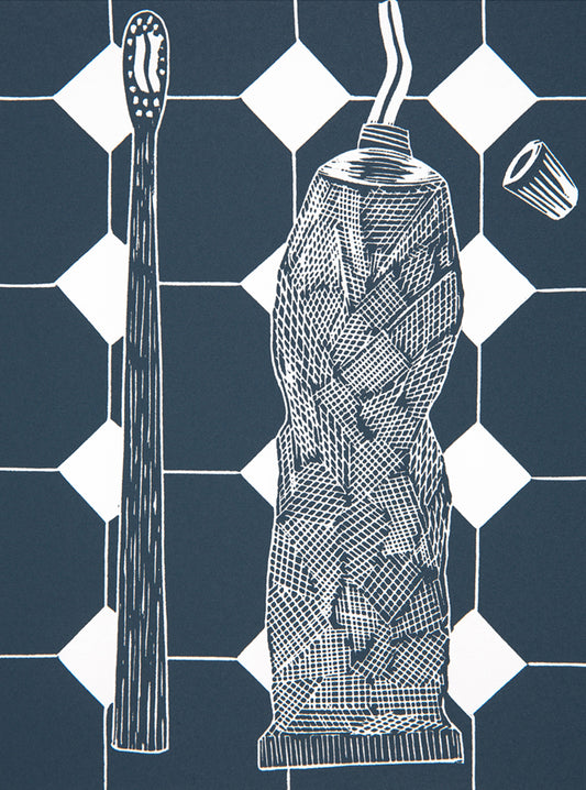 Toothbrush and Toothpaste Lino Print
