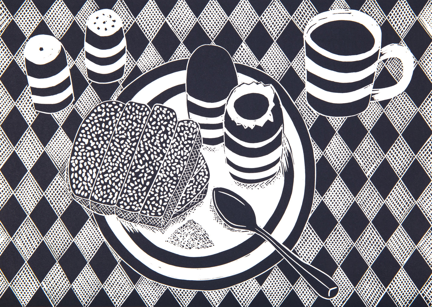Boiled Eggs and Soldiers on Cornishware Plate Lino Print