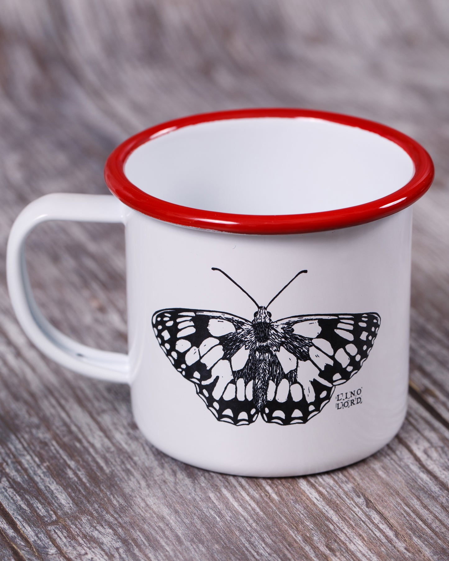 White Enamel Mug with Butterfly Design