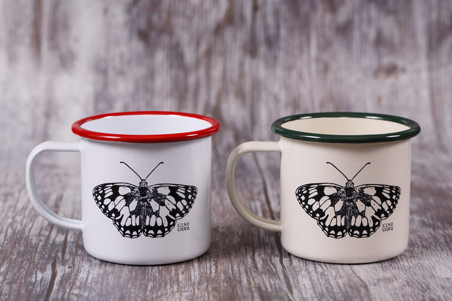 White Enamel Mug with Butterfly Design