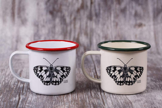 White Enamel Mug with Butterfly Design