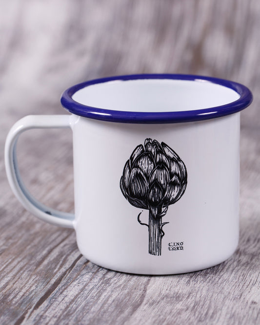 White Enamel Mug with Artichoke Design