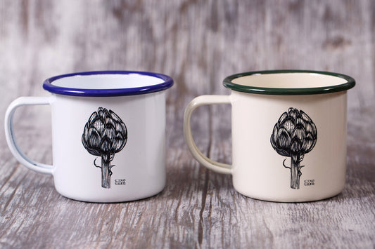 White Enamel Mug with Artichoke Design