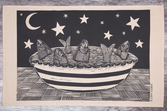 Cotton Tea Towel of Stargazy Pie Lino Print