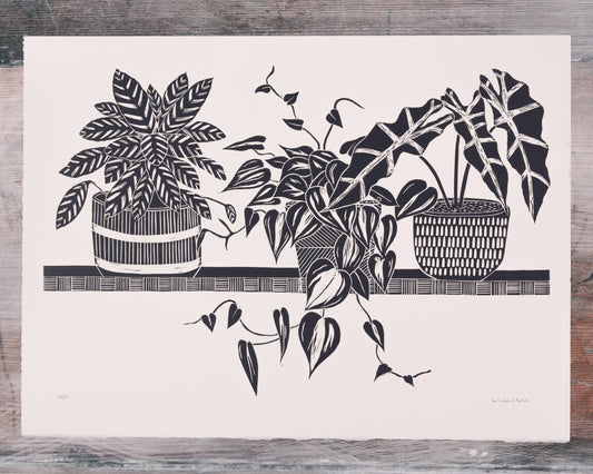 Plants on a Shelf Lino Print | Lino Lord