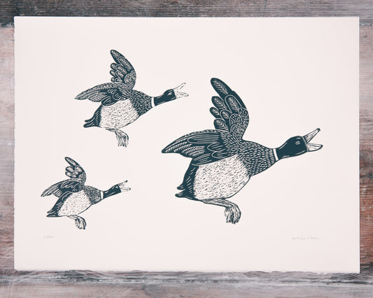 Three Flying Ducks Lino Print