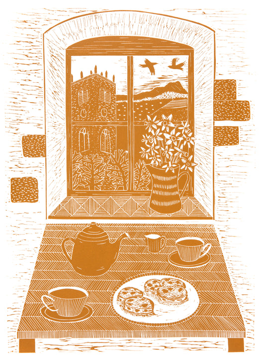 View From The Window in St Davids Lino Print in Yellow Ochre