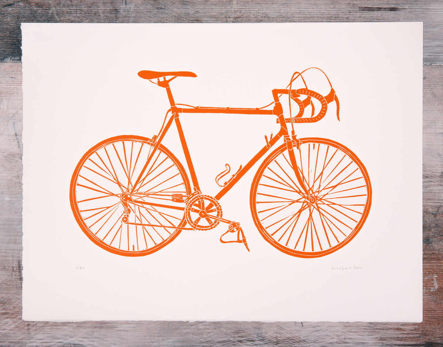 Steel Framed Racing Bicycle Lino Print in Orange. Steel Is Real!