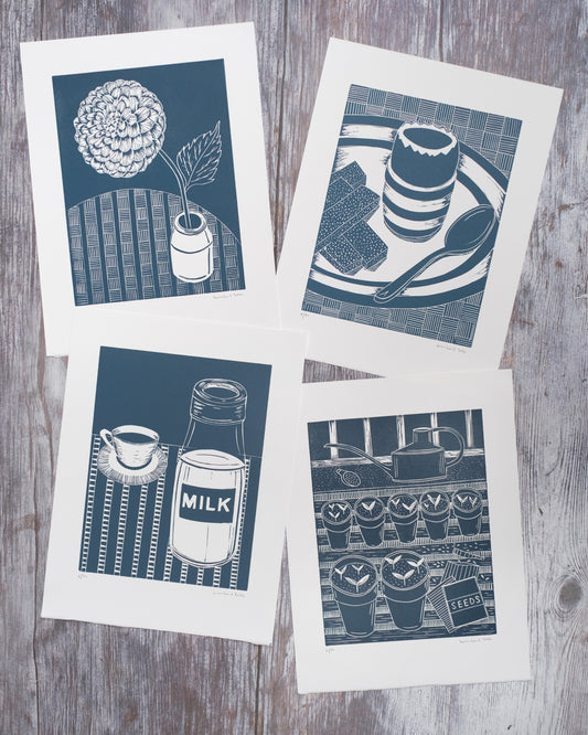 Old Fashioned Milk Bottle, Teacup and Saucer Lino Print