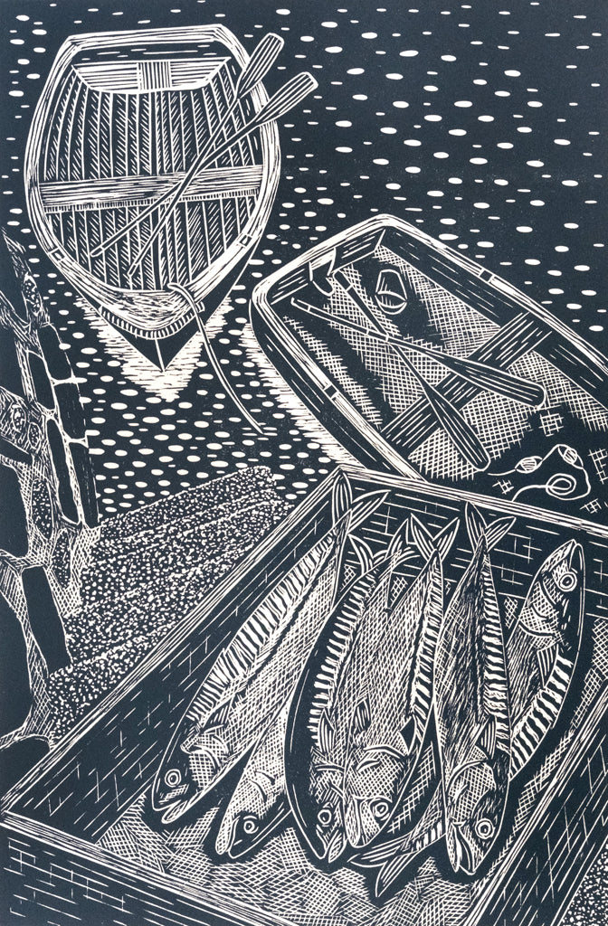 Fresh Mackerel on Quayside, Falmouth Cornwall Lino Print