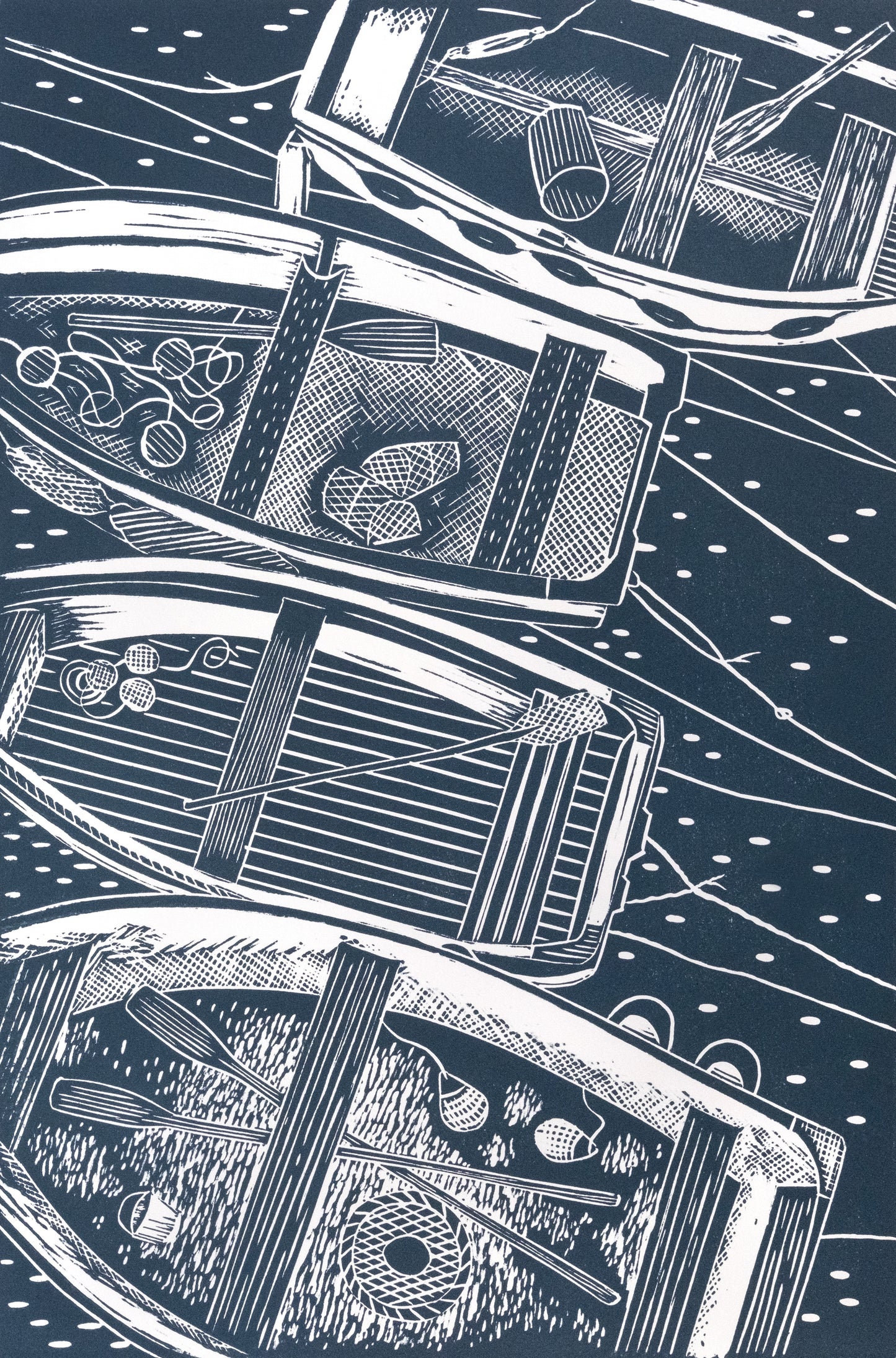 Four Rowing Boats From Above, St Ives, Cornwall Lino Print